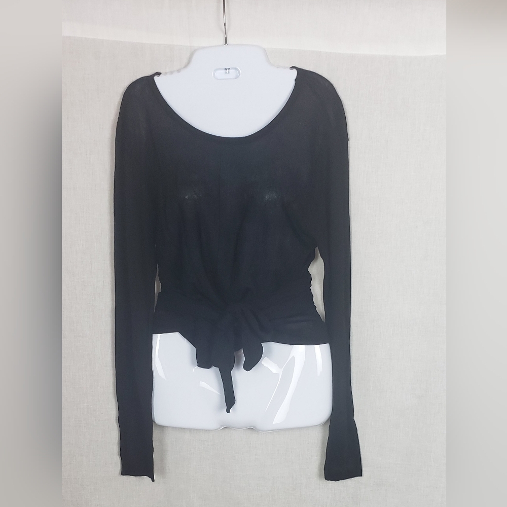 Modern Citizen Womens Top Blouse Black XS Semi Sheer Tied Hem Minimalist‎ Casual
